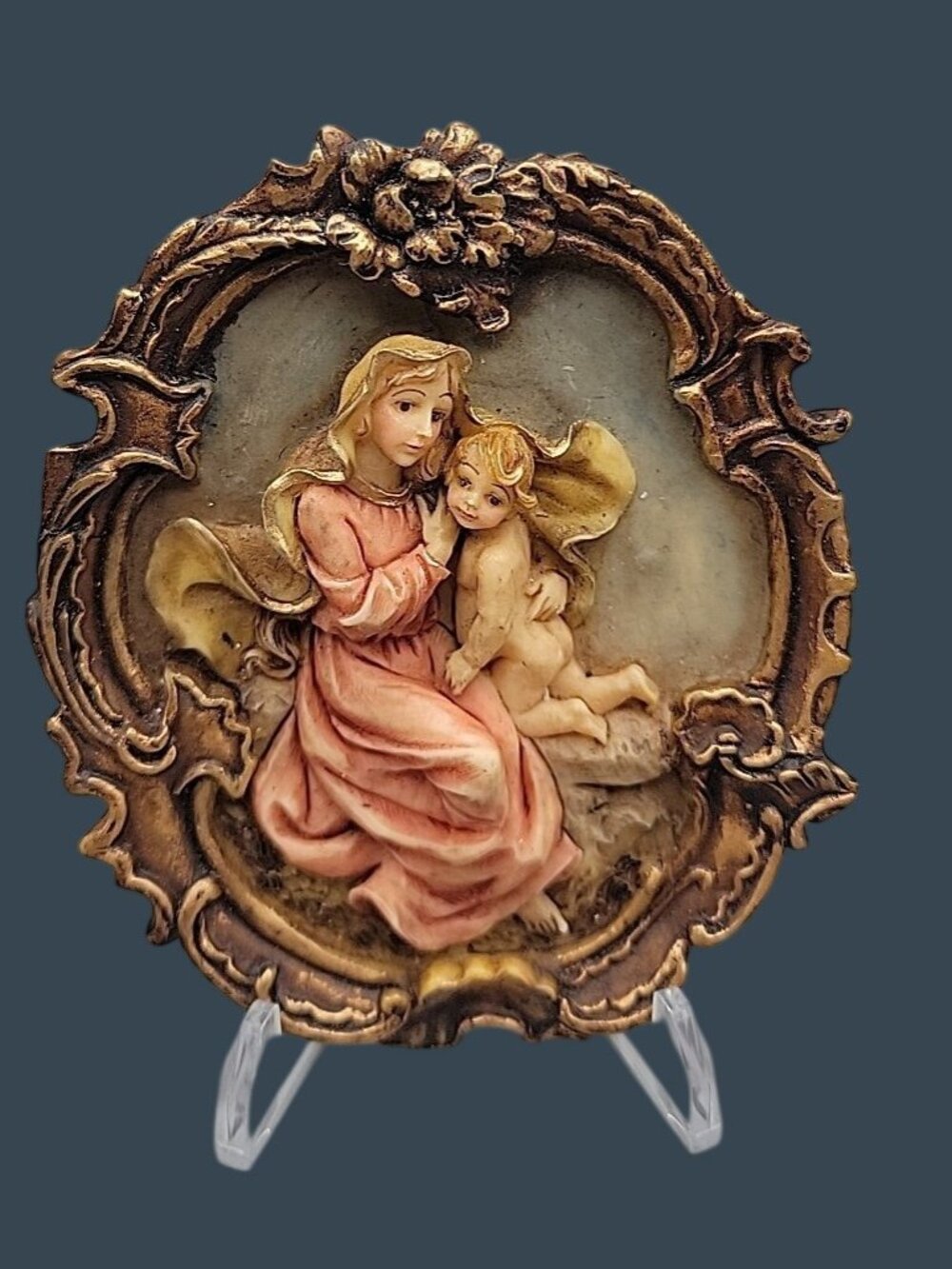 Vtg Madonna & Child Decorative Wall Plaque Plate 3D Raised Resin Gold Tone Frame